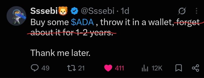 A screenshot of a tweet by @Sssebi reading "Buy some $ADA, throw it in a wallet, forget about it for 1-2 years. Thank me later," with 411 likes and 12K views.