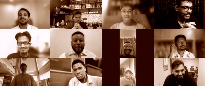 A sepia-toned grid of video call screenshots featuring various individuals.