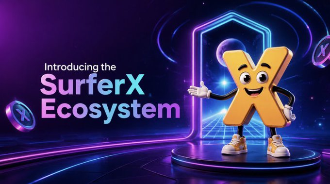 A promotional graphic introducing the 'SurferX Ecosystem' featuring an animated yellow 'X' character with arms and legs, set against a neon purple and blue sci-fi background.