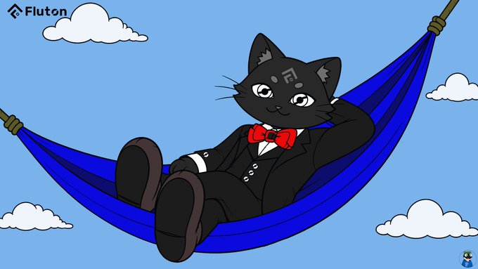 A cartoon illustration of a black cat wearing a tuxedo with a red bowtie, relaxing in a blue hammock against a cloudy sky, branded with 'Fluton' in the corner.