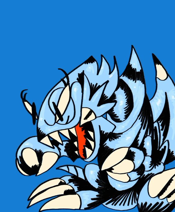 A cartoon illustration of a blue, spiky monster or dragon-like creature with sharp teeth and claws against a bright blue background.