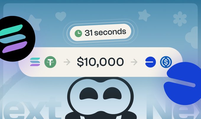 A promotional graphic for Allbridge showing a cross-chain swap from Solana to Base, displaying "$10,000" with a "31 seconds" timer, alongside Solana and USDC token icons and the Allbridge logo. The bold text "NEXT" appears behind a character mascot at the bottom, emphasizing the platform's promise of fast, predictable cross-chain transfers referenced in the post.