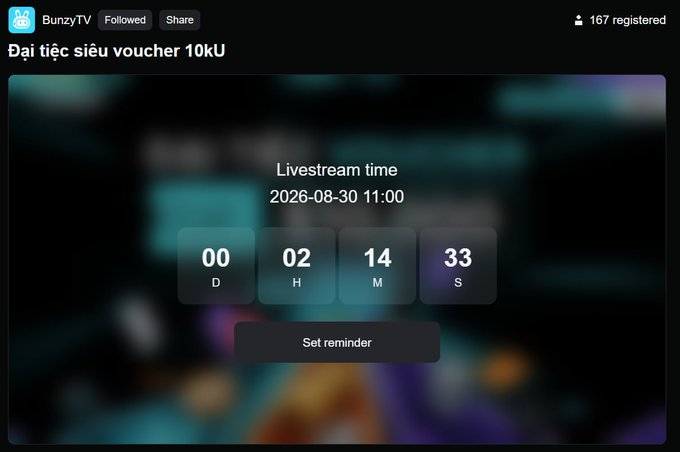A livestream countdown screen for 'BunzyTV' titled 'Đại tiệc siêu voucher 10kU', showing a timer set for 2026-08-30 11:00 with a 'Set reminder' button.