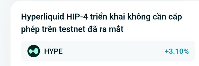 A news snippet in Vietnamese reading 'Hyperliquid HIP-4 triển khai không cần cấp phép trên testnet đã ra mắt' alongside the ticker 'HYPE' showing a +3.10% gain.