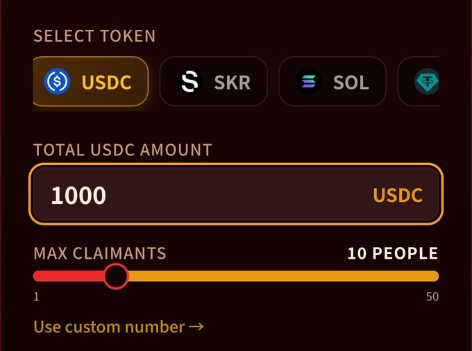 A dark-themed digital interface displays a token selection screen with USDC, SKR, SOL options selected, showing a total USDC amount of 1000 and a slider for max claimants set to 10 people.