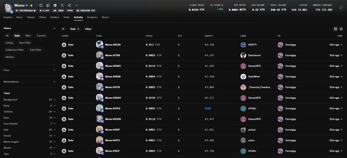 A cryptocurrency tracking interface displaying recent sales activity for an NFT collection called 'Momo', showing floor price, top offer, and transaction details for items ranging from #430 to #613.