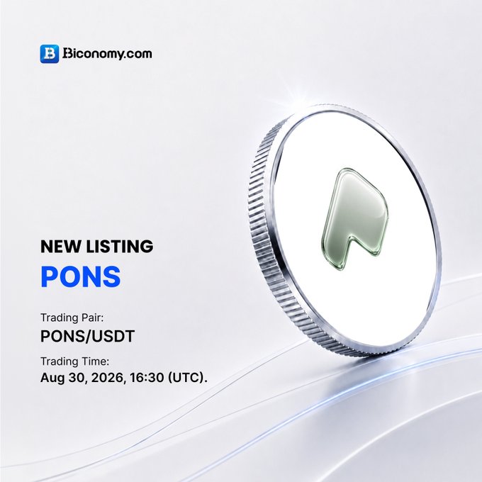 A promotional graphic from Biconomy.com announcing a new listing for the cryptocurrency PONS, with a trading pair of PONS/USDT starting on Aug 30, 2026, 16:30 (UTC).
