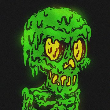A cartoonish green skull or zombie head with glowing yellow eyes and exposed teeth, rendered in a melting/dripping style against a black background.