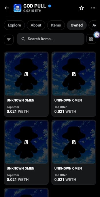 A screenshot of a digital marketplace displaying four identical NFT items labeled "UNKNOWN OMEN" priced at 0.021 WETH each on a sky background.
