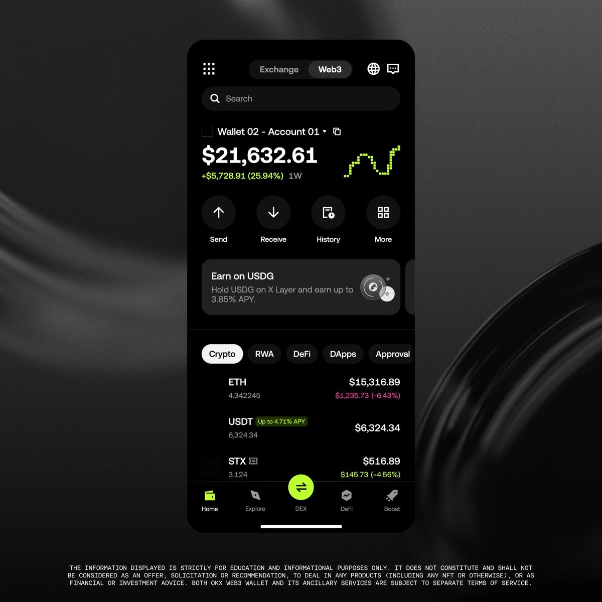 A dark-themed OKX Web3 wallet interface displays a total balance of $21,632.61 (+$5,728.91, 25.94% over 1W) with an "Earn on USDG" promotional banner offering "up to 3.85% APY" and asset breakdowns for ETH, USDT, and STX. The image visually reinforces the post's message about putting USDG to work directly from your OKX wallet, showcasing the in-app earning feature highlighted in the ad.