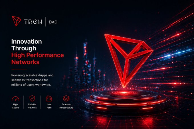 The image showcases a sleek, futuristic promotional graphic for TRON DAO, featuring a glowing red 3D TRON logo hovering above a circular platform with dynamic light streaks in the background. Text highlights "Innovation Through High Performance Networks," along with feature callouts for "High Speed," "Reliable Network," "Low Fees," and "Scalable Infrastructure," reinforcing the post's message about TRON's commitment to efficient blockchain infrastructure for everyday decentralized activities.