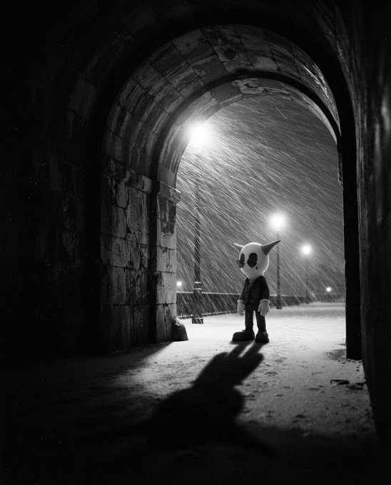 A black-and-white photo of a small cartoonish figure with a cat-like head standing alone in a snowy stone archway, illuminated by a streetlamp.