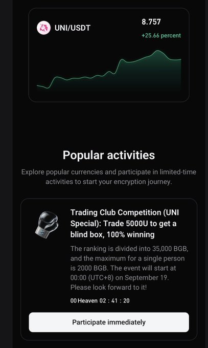 A mobile app screen displaying UNI/USDT at 8.757 with a +25.66 percent increase, alongside a 'Trading Club Competition (UNI Special)' promotion offering 100% winning with a 35,000 BGB ranking pool, showing a countdown of '00 Heaven 02 : 41 : 20'.