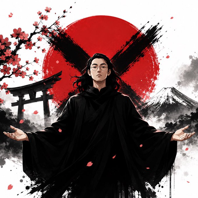 An artistic illustration of a person in a black robe with glasses, standing in a meditative pose against a red sun, with cherry blossoms, a torii gate, and Mount Fuji in the background.