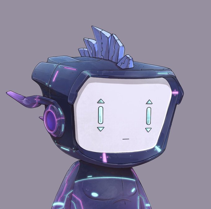 An illustration of a stylized robot character with a TV-shaped head, blue and purple metallic body, and a spiky mohawk-style crest.