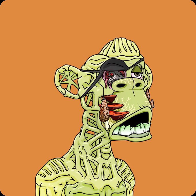 A stylized illustration of a grotesque green creature with a skeletal, DNA-like neck structure and an exposed red eyeball against an orange background.