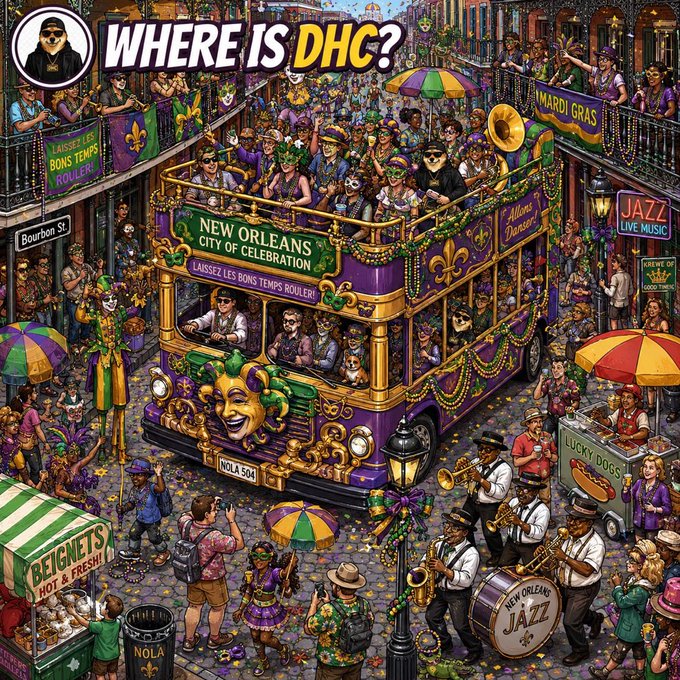 A vibrant New Orleans Mardi Gras celebration scene featuring a "Laissez Les Bons Temps Rouler" double-decker bus, jazz musicians, colorful crowds, and Bourbon Street vendors (including beignets, lucky dogs, and a jazz club). The post playfully references "Frenchmen Street" with the ticker $BABYDHC, fitting the festive jazz-soaked Crescent City atmosphere depicted in the artwork.