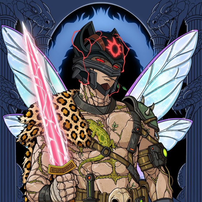 An anime-style illustration of a warrior character wearing a dark horned helmet with glowing red eyes, wielding a crackling pink lightning sword, dressed in leopard-print attire with butterfly wings.