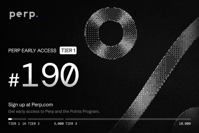 Promotional graphic for "perp." showing PERP Early Access Tier 1 with the number "#190" and text "Sign up at Perp.com" for early access to the Points Program.