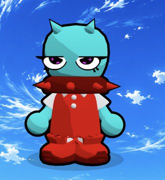 A cartoon-style illustration of a turquoise-skinned character with horns, wearing a spiked collar and red outfit, set against a cloudy blue sky background.