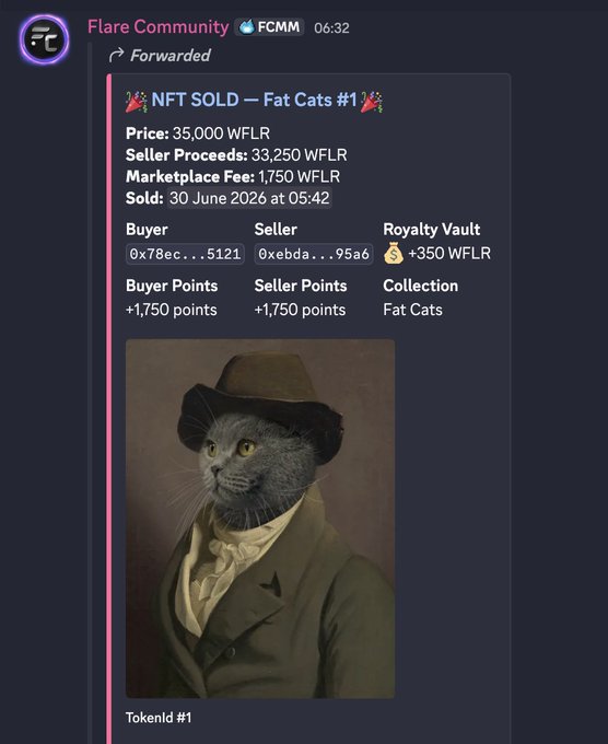 Flare Community Telegram message announcing an NFT sale: 'Fat Cats #1' sold for 35,000 WFLR, featuring a portrait of a gray cat in a hat.