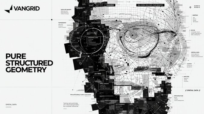 A black and white graphic design featuring the logo 'VANGRID' and the text 'PURE STRUCTURED GEOMETRY' alongside an abstract, data-visualization style composition resembling a wireframe face.