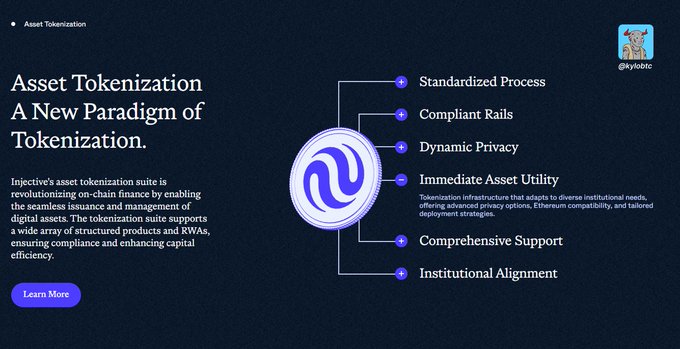 The image is a promotional graphic titled "Asset Tokenization: A New Paradigm of Tokenization" featuring Injective's (@kylelibc) tokenization suite, with its central logo connected to six key features: Standardized Process, Compliant Rails, Dynamic Privacy, Immediate Asset Utility, Comprehensive Support, and Institutional Alignment. The layout visually reinforces the post's message about Injective ($INJ) building an institutional-grade tokenization stack with the specific components institutions prioritize, as listed on the right side of the graphic.