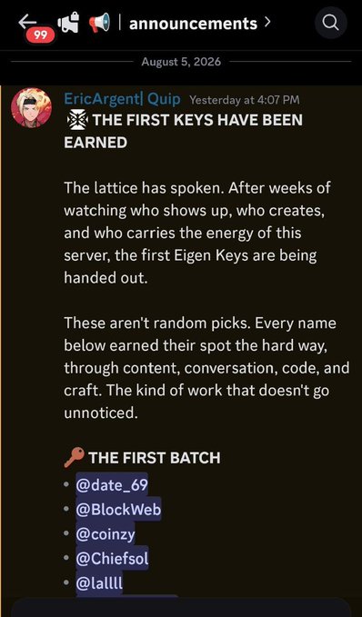 The image shows a Discord announcement from "EricArgent1 | Quip" dated August 5, 2026, titled "THE FIRST KEYS HAVE BEEN EARNED," announcing the first batch of Eigen Key recipients including @date_69, @BlockWeb, @coinzy, @Chiefsol, and @lallll, recognizing those who earned their spots through content, conversation, code, and craft. This aligns with the post congratulating Eigen NFT winners while highlighting Quip Network's focus on building practical quantum computing infrastructure for developers rather than chasing trends.