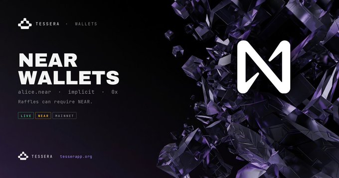 A sleek black promotional banner for Tessera's NEAR wallets features the large white "NEAR" logo alongside crystalline purple graphics, with text highlighting that named accounts, implicit IDs, and 0x ETH-implicit addresses are now live, mirroring the post's announcement about supporting NEAR alongside ETH, SOL, BTC, and ZEC for raffles.