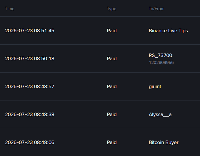 A dark-themed transaction history list showing a series of 'Paid' transactions on 2026-07-23 from various sources including 'Binance Live Tips', 'RS_73700', 'giuint', 'Alyssa__a', and 'Bitcoin Buyer'.