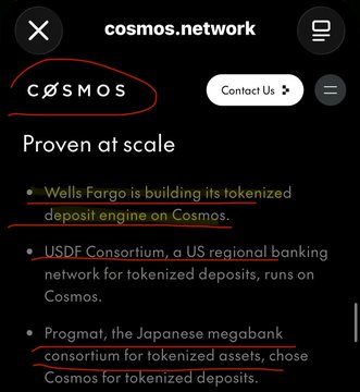 A screenshot from cosmos.network's website showing "Proven at scale" headline with bullet points highlighting Wells Fargo's tokenized deposit engine, the USDF Consortium banking network, and Progmat (Japanese megabank) all choosing Cosmos for tokenized deposits.