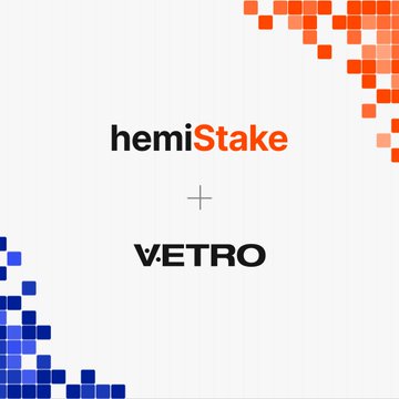 A minimalist graphic showing a partnership between "hemiStake" and "VETRO" separated by a plus sign, with pixelated orange and blue accents.