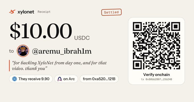 A XyloNet receipt confirms a settled payment of $10.00 USDC sent to @aremu_ibrah1m on the Arc network, with a QR code for onchain verification.