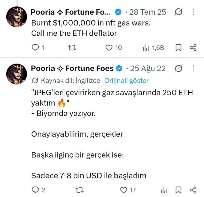 Two Twitter posts from 'Pooria ✧ Fortune Foes' discussing burning $1,000,000 in NFT gas wars and referring to himself as 'the ETH deflator' and burning 250 ETH.
