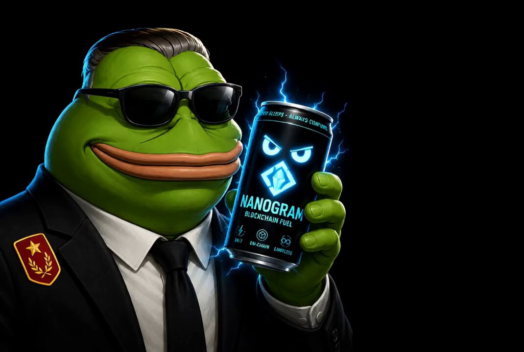 The image features a cartoon frog wearing sunglasses, holding a can of NANOGRAM energy drink with blue lights coming out of it. The background is black, which contrasts with the bright colors of the frog's outfit and the energy drink can. The text "NANOGRAM" is written on the can, indicating that it is an energy drink.