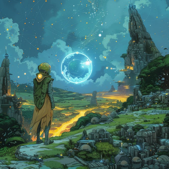 An anime-style illustration of a figure in a green cloak and helmet with a glowing yellow light on the back, standing on a cliff overlooking a sci-fi landscape with a glowing blue moon/sphere in the starry sky.