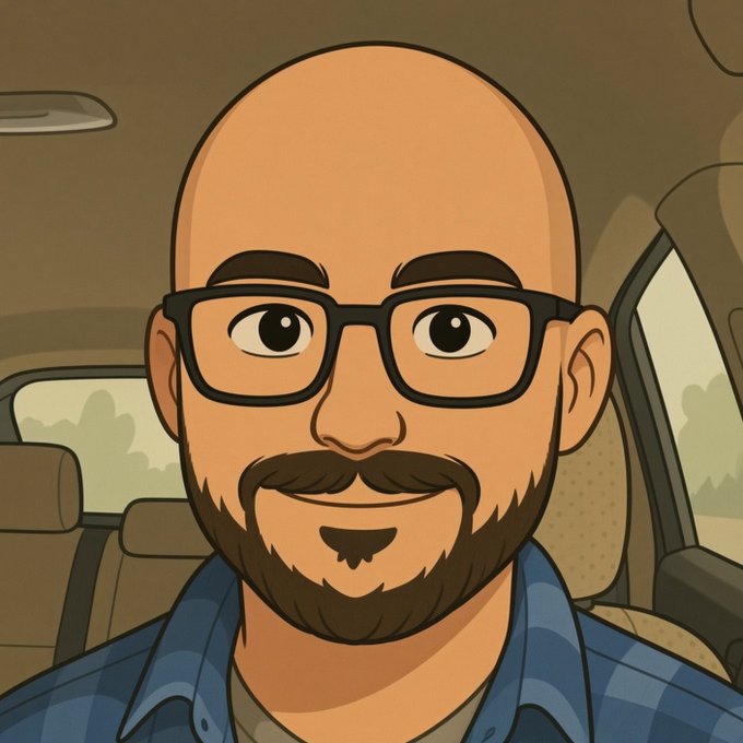 A cartoon-style illustration depicts a bald man with a dark beard, glasses, and a blue plaid shirt, sitting inside a car with a slight smile. The image humorously illustrates the post's premise by showing the man already bald, implying his "shaved head" promise is visually moot given the unlikelihood of Bitcoin reaching $40K this year.