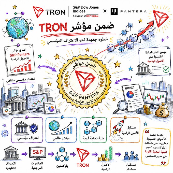The image is an illustrated infographic celebrating TRON's inclusion in the S&P Dow Jones Indices Pantera Digital Asset Index, featuring Arabic and English text, logos of TRON, S&P Dow Jones Indices, and Pantera, along with visuals of charts, blockchains, banks, and a gold seal reading "ضمن مؤشر S&P Pantera للأصول الرقمية" (Included in the S&P Pantera Digital Asset Index).

It visually reinforces the post's message by depicting the institutional and traditional finance ecosystem (banks, indexes, blockchain technology) converging on TRON, symbolizing how major financial institutions are now formally recognizing blockchain networks with real-world utility.