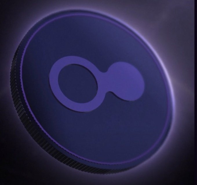 A close-up of a circular metallic object with a glowing purple edge, displaying a logo resembling an infinity symbol or connected circles.