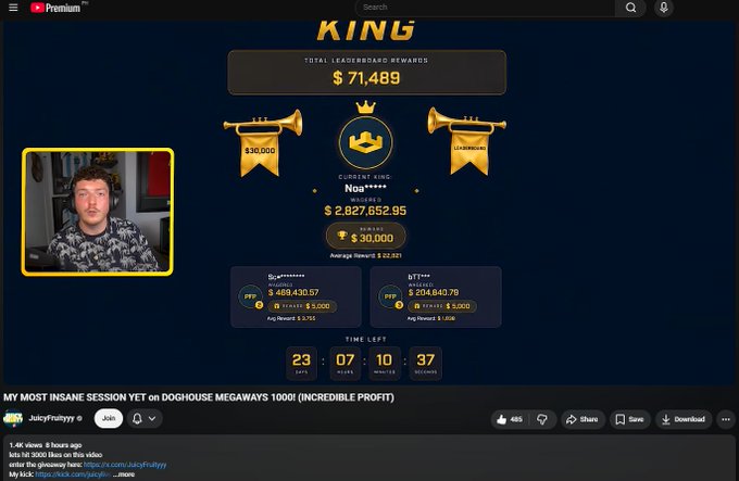 A YouTube video screenshot by JuicyFruityy titled 'MY MOST INSANE SESSION YET on DOGHOUSE MEGAWAYS 1000! (INCREDIBLE PROFIT)', showing a 'KING' leaderboard with 'Noa' holding 1st place at $2,827,652.95 with a $90,000 entry fee.