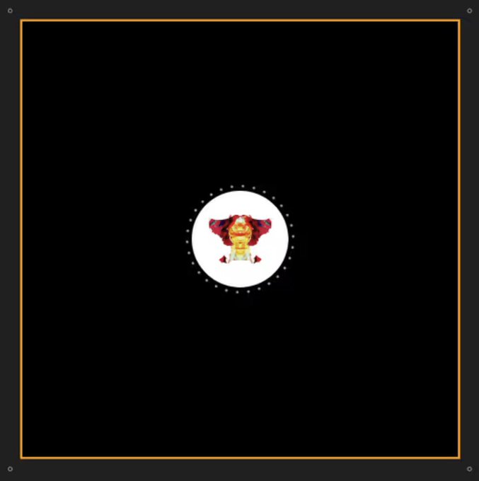 The image features a golden decorative emblem or crest displayed within a white circular frame surrounded by dotted accents, set against a black square background with an orange border. This likely represents the piece "Regalia," one of the creator's earliest generative art works minted with centralized metadata, as the regal gold design evokes the title's meaning of royal insignia or ornamental decorations.
