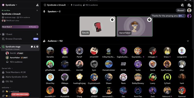 A Discord 'Syndicate' server view showing a voice channel called 'Syndicate x Unwulf' with 2 speaking and 152 in audience, featuring speakers Aw9R and AaronNaber, with various other server channels and members visible in the sidebar.