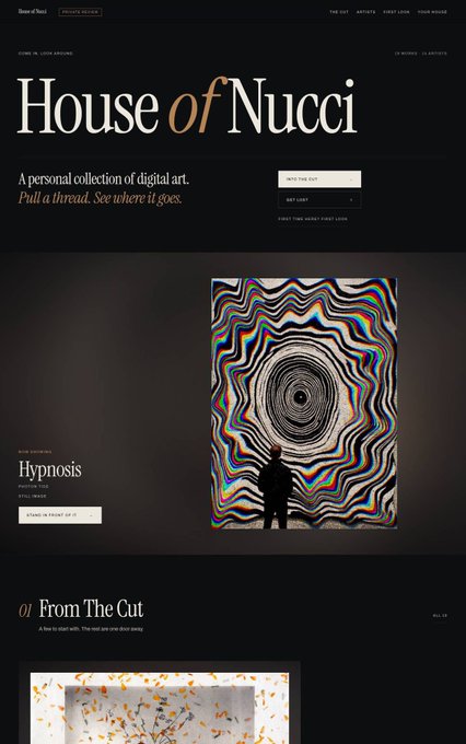 A screenshot of a website titled "House of Nucci" with the tagline "A personal collection of digital art. Pull a thread. See where it goes.", featuring digital artworks including one titled "Hypnosis" and another titled "From The Cut".