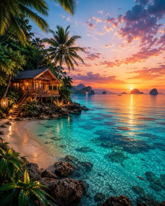 Tropical sunset scene featuring a wooden bungalow on a rocky shoreline with palm trees, turquoise water, and a vibrant orange sky over distant islands.