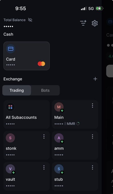 A screenshot of a Backpack app interface in dark mode showing a "Card" section with a Mastercard displayed beneath a "Cash" header, positioned above the Exchange menu containing Trading, Bots, and subaccounts labeled "Main," "stonk," "amm," "vault," and "stub." The image visually confirms the user's note about a new card menu being added above the exchange menu in the Backpack platform, with visible time (9:55) and 5G connectivity in the status bar.