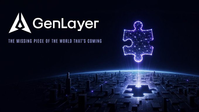 The image features the GenLayer logo with the tagline "THE MISSING PIECE OF THE WORLD THAT'S COMING" alongside a glowing purple puzzle piece hovering above a futuristic cityscape, visually reinforcing the post's reference to GenLayer's Genesis trailer quote about building "a missing piece of the world that's coming."