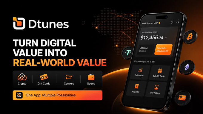 A promotional graphic for the Dtunes app showcasing a smartphone interface displaying a USD balance of $12,456.78 and a Naira Wallet balance of ₦6,245,230.50, with options to "Sell Crypto," "Sell Gift Cards," "Pay Bills," and "Buy Airtime," alongside the tagline "Turn Digital Value Into Real-World Value." The image visually reinforces the accompanying post's firsthand review of testing Dtunes for real-world crypto-to-cash transactions like paying bills and selling gift cards.