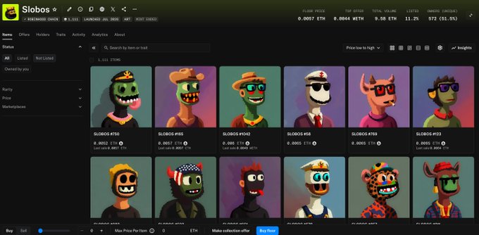 A screenshot of the Slobos NFT marketplace showing various Slobobo character collectibles listed with ETH prices.