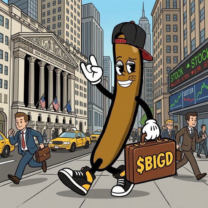 A cartoon sausage character wearing a black and red cap walks through a bustling Wall Street scene, carrying a briefcase labeled "$BIGD," with the New York Stock Exchange and a stock ticker showing "STOCK ▲" visible in the background, tying into the post's promotion of giveaways for the @BigD_team.