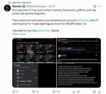 A Twitter post by Specter (@SpecterAnalyst) discusses allegations that CT has short memory regarding Kimchi's claims of making eight figures from the TRUMP token, with screenshots of community discussions and a thread by @notorious_inc questioning the authenticity of the $40 million figure.